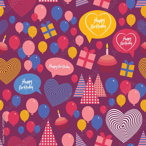 Seamless background - happy birthday. Heart, gift box, balloons, birthday cake, hat. Blue, pink, violet. vector