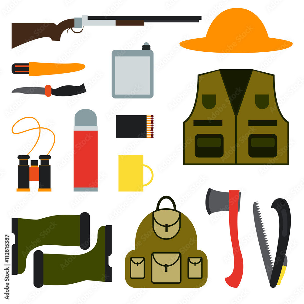 Hunting. Set for hunting. Clothes of a hunter, gun, equipment for