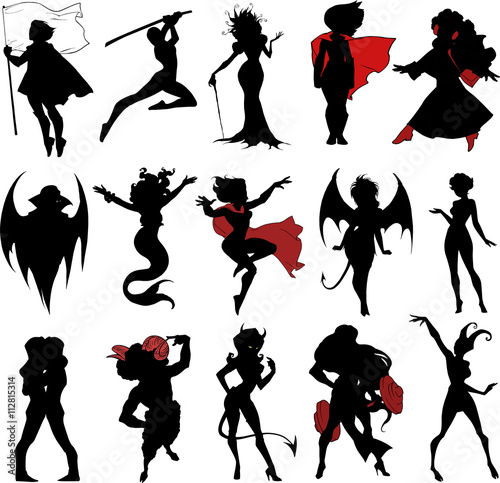 Hand drawn collection set of fifteen different interesting human, legendary, magical, mythological, zodiacal and halloween characters in black silhouette isolated on white background