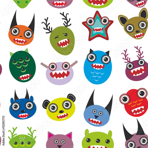 Fototapeta Naklejka Na Ścianę i Meble -  Cute cartoon Monsters Set.  seamless pattern on white background.vector