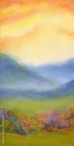 Watercolor landscape. Sunset over mountains © Marina