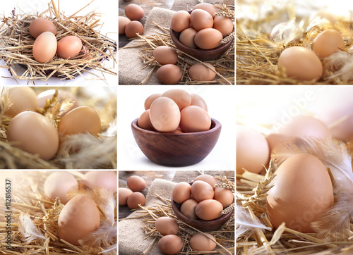 collage of eggs in the straw, bowl, in a linen sack ...