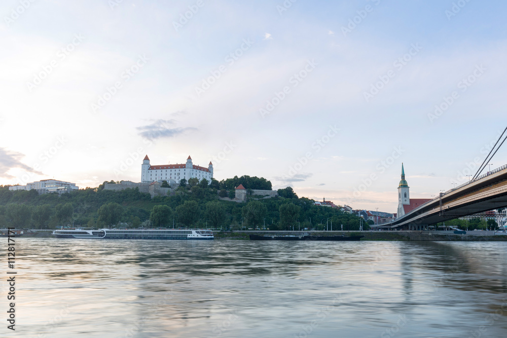 Bratislava, Slovakia - Castle, parliament and St. Martin cathedral, sunset view