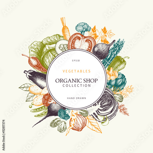 Eco food template with hand drawn vegetables sketch. Healthy Food frame. Vector vegetables illustration. Sketched menu design. Vintage background