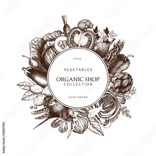 Eco food template with hand drawn vegetables sketch. Healthy Food frame. Vector vegetables illustration. Sketched menu design. Vintage background