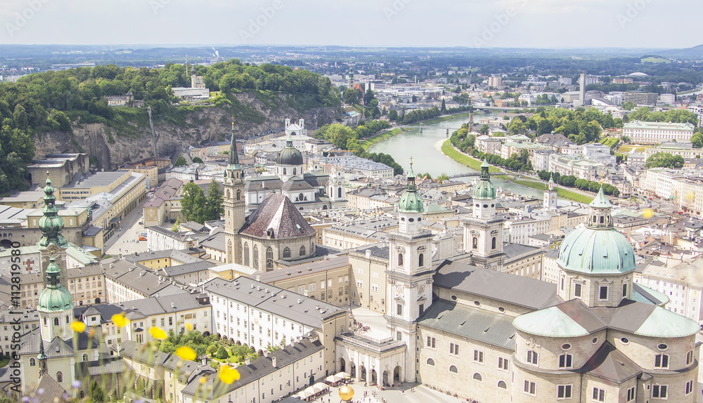 top view of the Salzach River and the Old city in center of Salzburg from the walls of the fortress