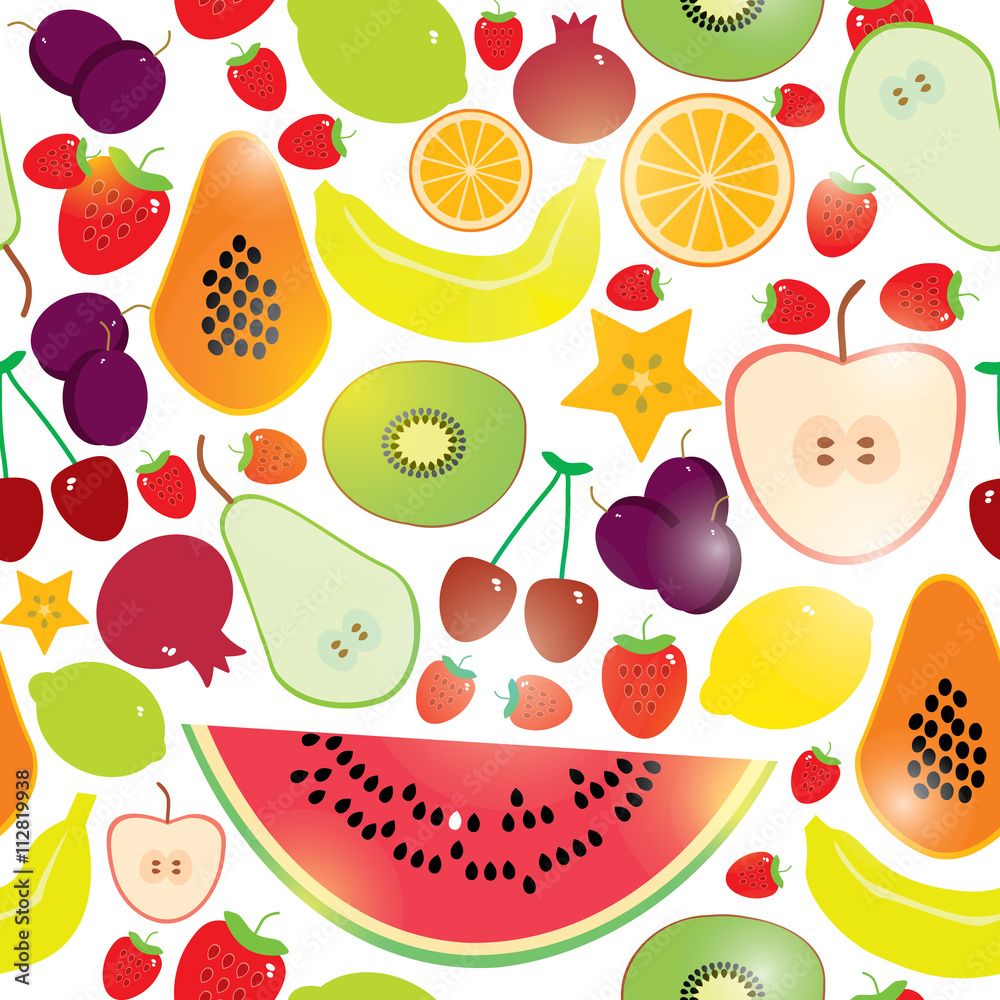 Healthy lifestyle. Fruits on white background seamless pattern. Vector. Healthy lifestyle. Fruits on white background seamless pattern. Vector.