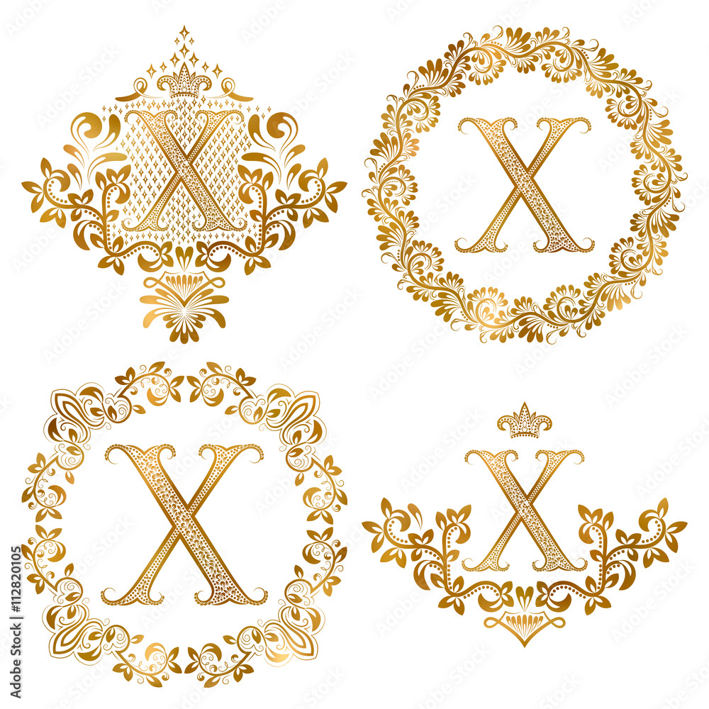 Golden X letter vintage monograms set. Heraldic coats of arms and round ...