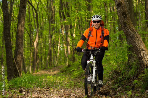 Cyclist Riding the Bike on a Trail in Summer Forest