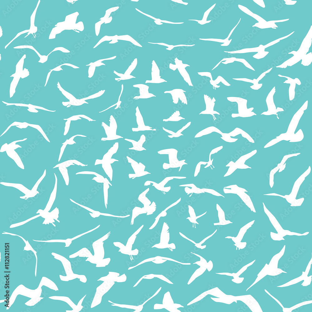 Seagulls white silhouette on blue background. Seamless pattern. Vector Seagulls white silhouette on blue background. Seamless pattern. Vector