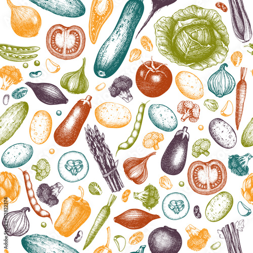 Seamless pattern with hand drawn vegetables illustration. Vintage background with healthy food sketch