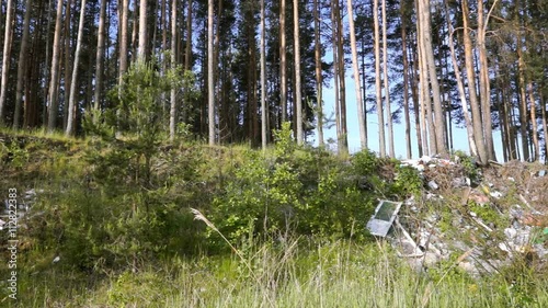 Dump garbage in forest, horizontal pan