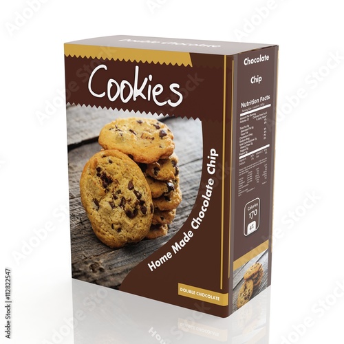 3D rendering of chocolate Cookies paper packaging, isolated on white background.