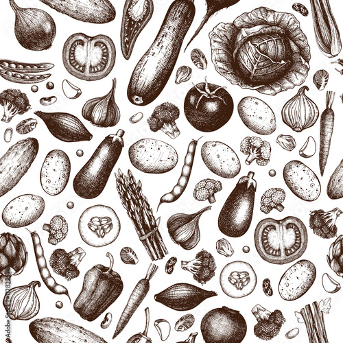 Seamless pattern with hand drawn vegetables illustration. Vintage background with healthy food sketch