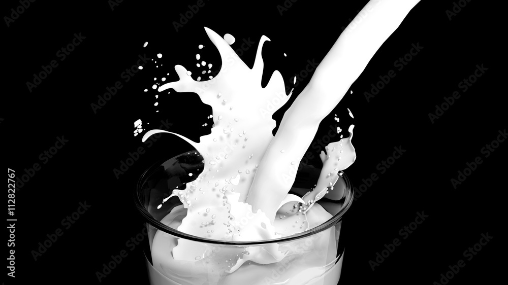 3D rendering of pouring milk splashing in the glass closeup, on black