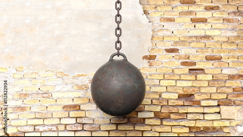 Metallic rusty wrecking ball on chain,with old brick wall background 3D rendering