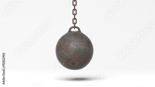 Metallic rusty wrecking ball on chain, isolated on white background. 3D rendering