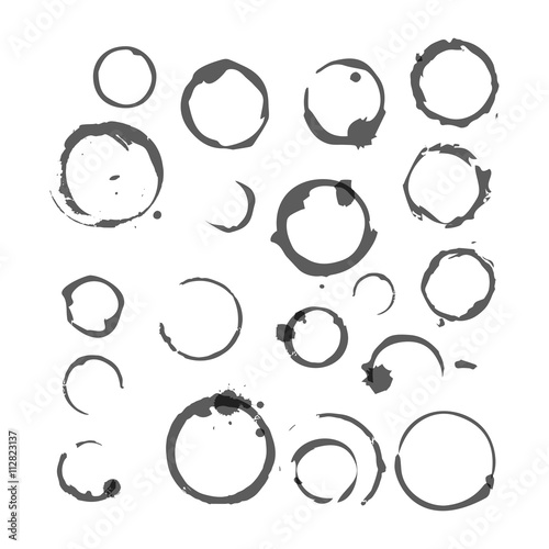 Vector set of Black silhouette Wine stain circles, splashes and spot isolated on white background. Watercolor hand drawing glass marks.