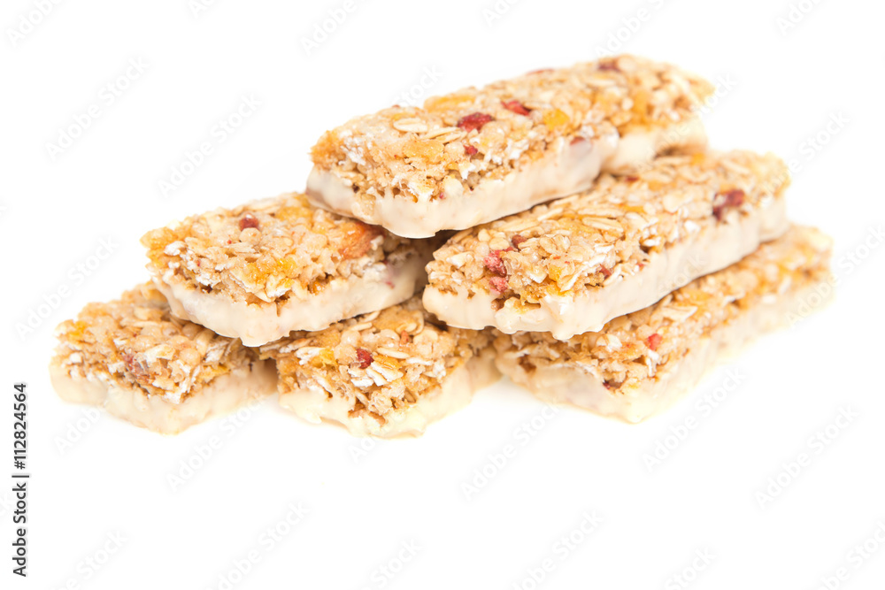 muesli bars with  dried fruit on isolated background