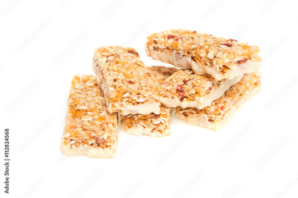 muesli bars with  dried fruit on isolated background