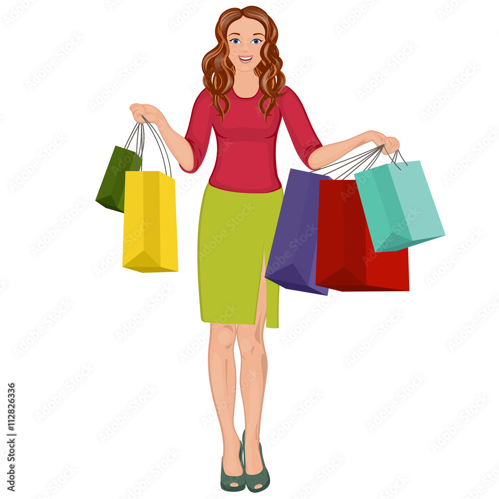 Happy girl with shopping bags in shop. Shopper. Sales. Funny cartoon character. Vector illustration. Isolated on white background