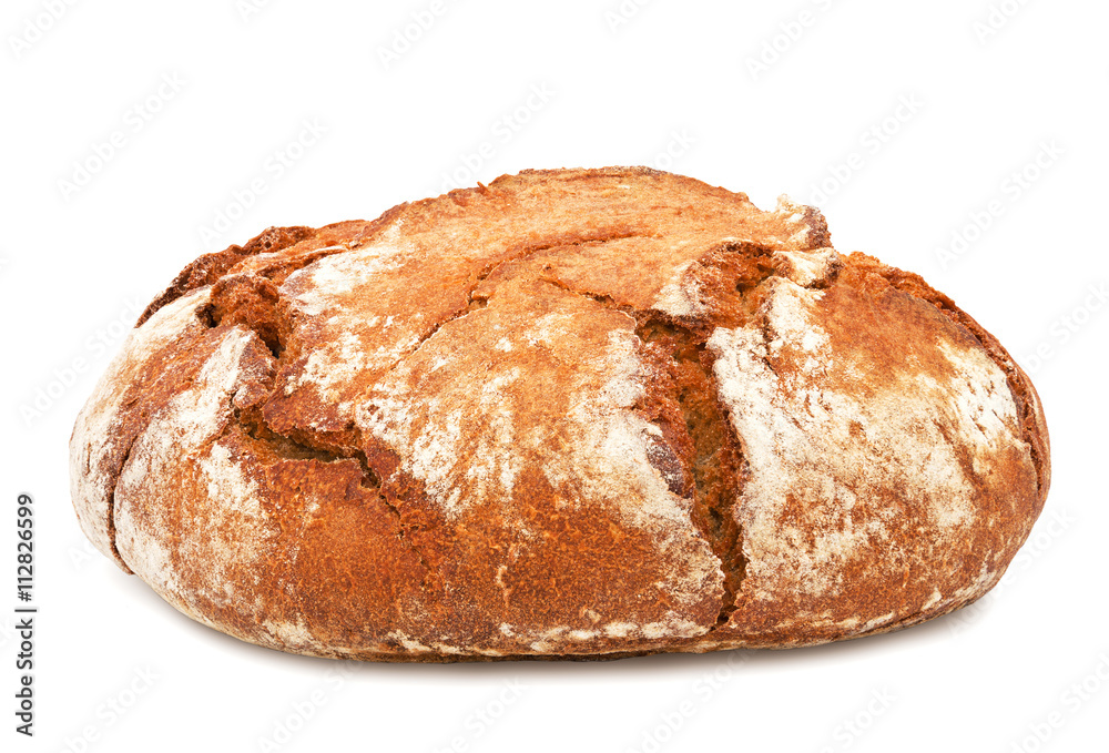 Freshly baked loaf of traditional round rye bread isolated on white background. Design element for bakery product label, catalog print, web use. Freshly baked loaf of traditional round rye bread isolated on white background. Design element for bakery product label, catalog print, web use.