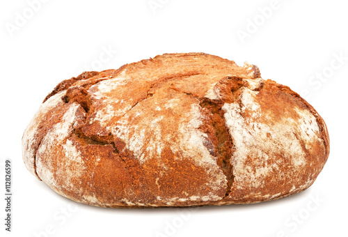 Freshly baked loaf of traditional round rye bread isolated on white background. Design element for bakery product label, catalog print, web use.