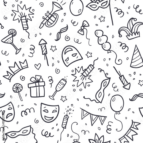 Black carnival symbols in doodle style on white background, seamless pattern