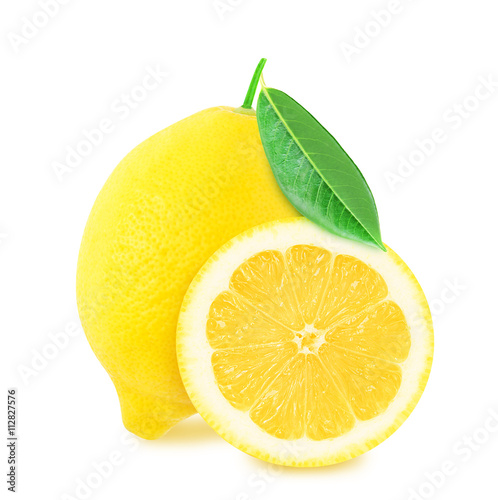 Juicy yellow whole lemon with leaf and half of lemon isolated on a white background. Design element for product label, catalog print, web use.