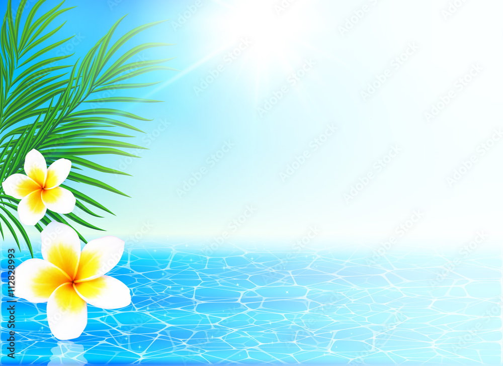 Calm sea and tropical flowers summer background