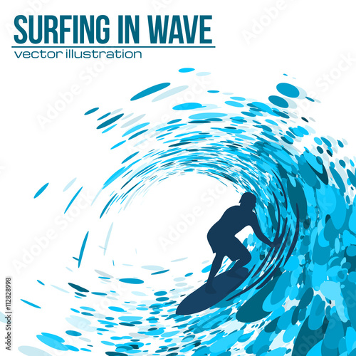 Vector surfer silhouette in blue wave