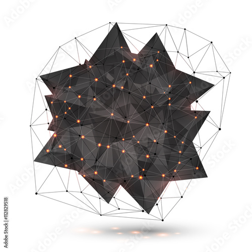 Abstract low poly black object with polygonal grid around