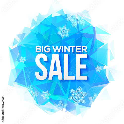 Big Winter Sale sign on blue ice and snowflakes