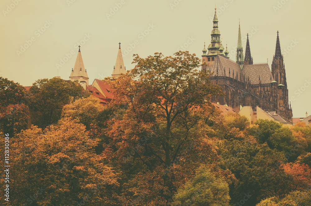 Prague Castle, old city with autumn trees , european travel seasonal fall background in vintage style
