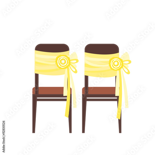 Wedding chairs decorated with ribbon and flowers. Vector illustration