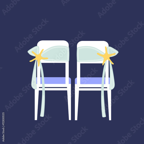 Wedding chairs decorated with ribbon. Sea decor.
Vector illustration