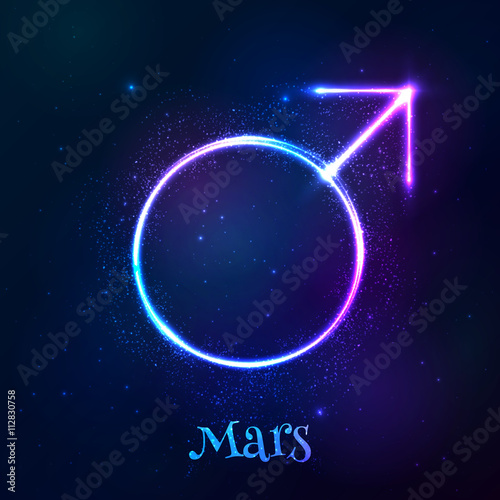 Shining blue neon light Mars astrological symbol