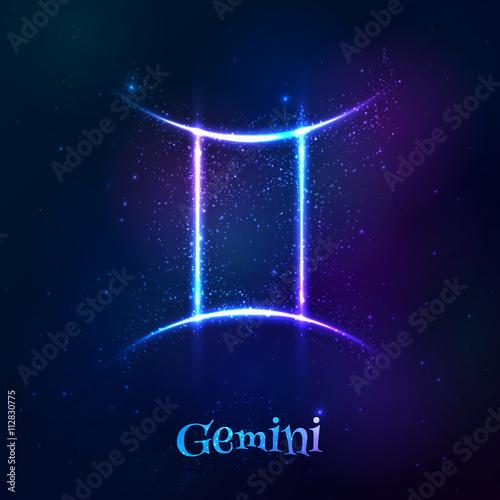 Blue shining cosmic neon zodiac Gemini symbol