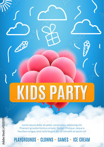 Kids party invitation design poster template. Kids fun celebration flyer