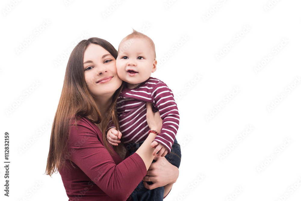 happy mother holding her cute baby. portrait of mom and child on white background, isolated. happy family concept happy mother holding her cute baby. portrait of mom and child on white background, isolated. happy family concept
