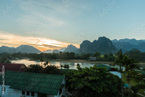 Sunset at Song river, Vang Vieng, Laos photo