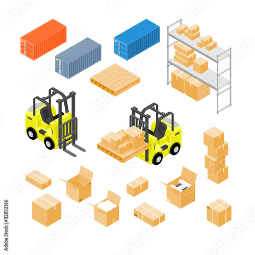 Isometric vector illustration set of forklift and warehouse icons.
Industrial icons used for storage and distribution in manufacturing industry.