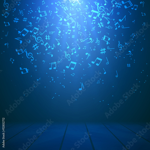 Vector abstract musical background with musical notes on illuminated stage and spotlight