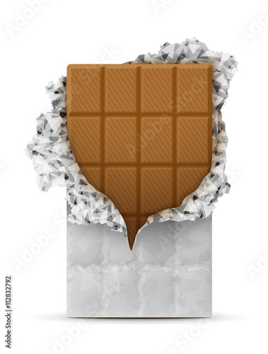 Milk chocolate bar isolated on white. Sweet chocolate wrapped in foil. Qualitative vector illustration about chocolate, food, confection, nutrients, dessert, diet, gastronomy, etc