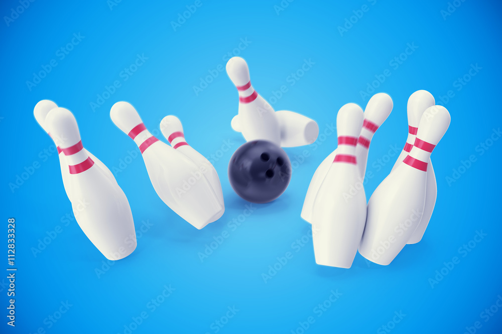 Bowling game, black ball crashing into the skittles. 3d illustration Bowling game, black ball crashing into the skittles. 3d illustration