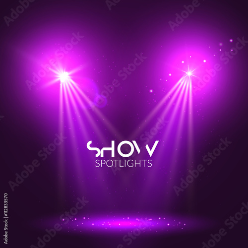 Spotlights empty scene. Illuminated stage design. Show background with lights special effect
