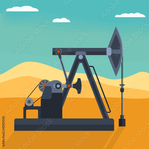 Pumpjack detailed flat style vector illustration. Working oil well pump on the desert background. Industrial machine for extraction of petroleum.