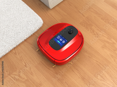 Red robotic vacuum cleaner moving on flooring. 3D rendering image.