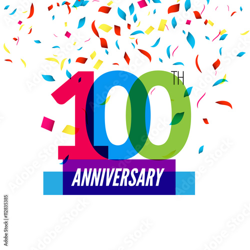 Anniversary design. 100th icon anniversary. Colorful overlapping design with colorful confetti