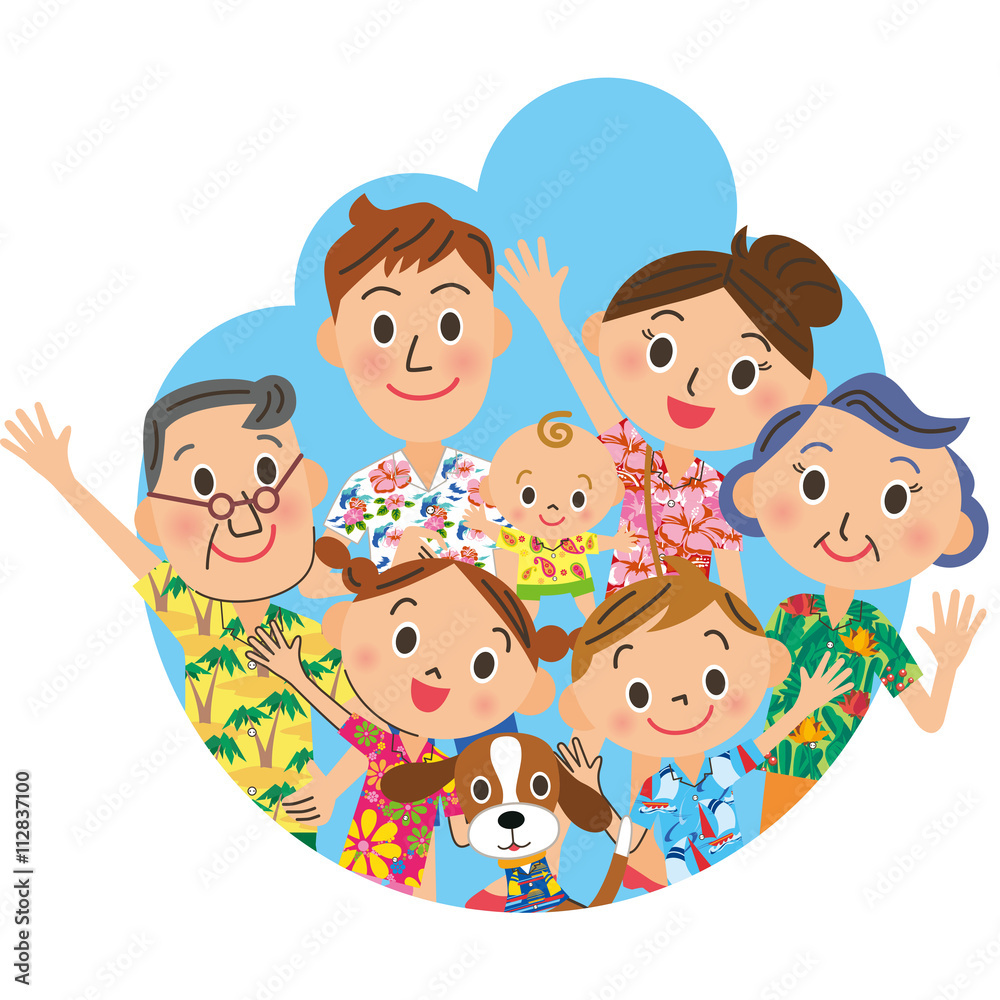 アロハシャツを着た家族